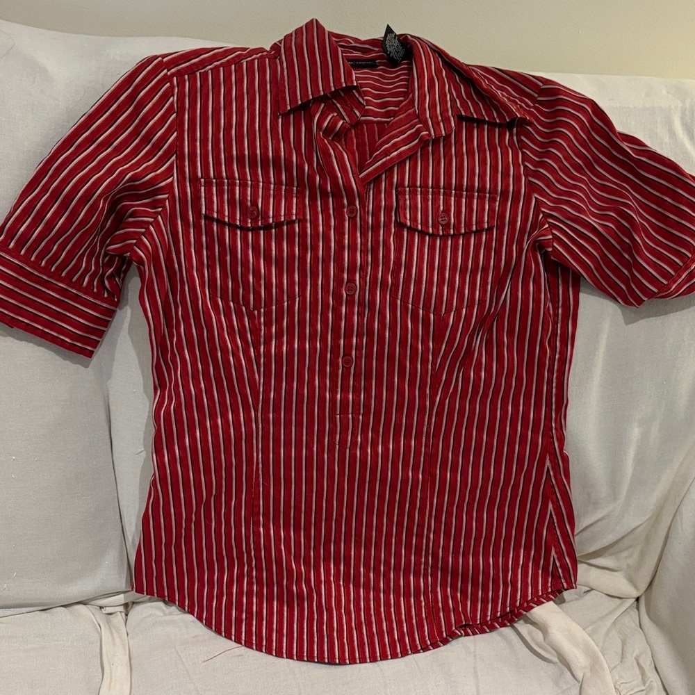 New York & Company Red Striped Button Down Shirt